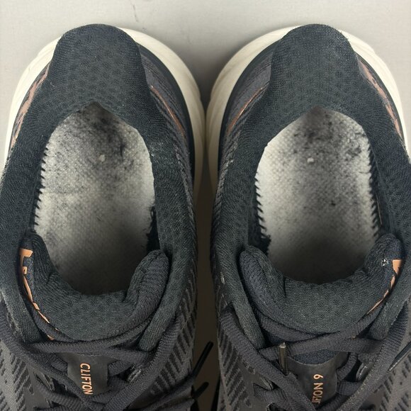 Hoka Clifton 9 Athletic Running Shoes Womens 7 Black Rose Gold Low Top Lace Up - Picture 8 of 10
